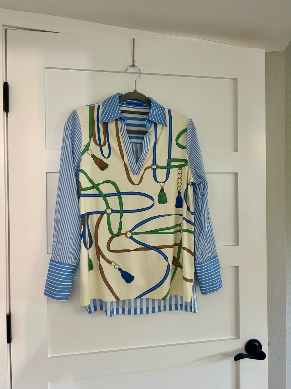 JMcLaughlin equestrian and stripe print blouse.  Size M.